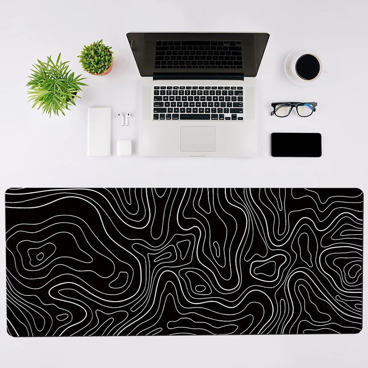 1Pcs Gaming Mouse Pad Large Keyboard Pad 31.5 X 11.8In Topographic Mouse Pad Black and White Mouse Pad for Keyboard with Anti-Sl