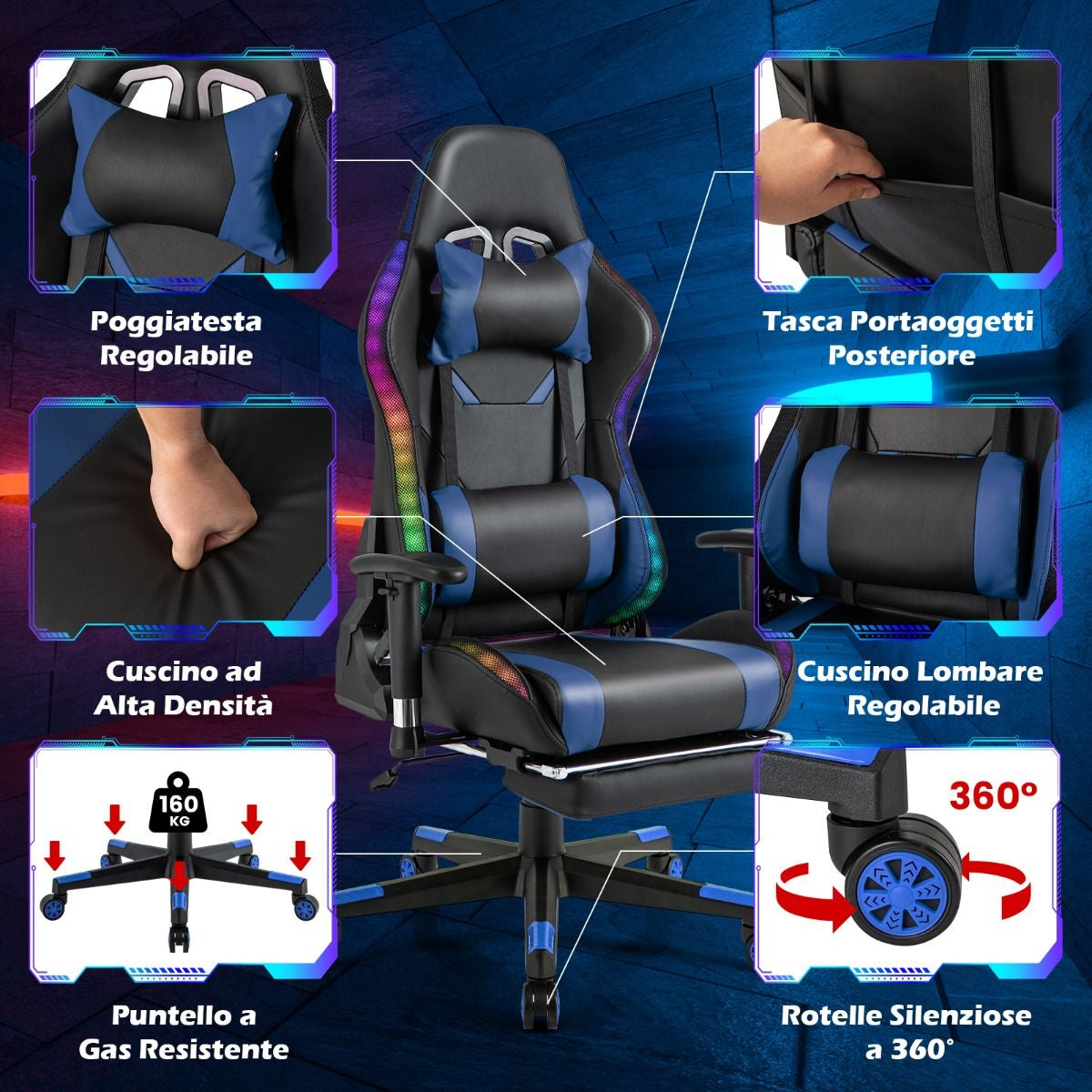 Sedia Da Gioco Con Luci RGB LED Altezza Regolabile Poggiapiedi Estraibile, Sedia Da Ufficio Ergonomica