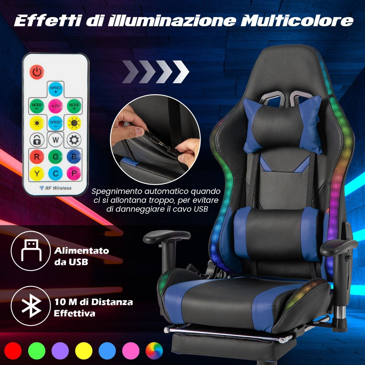 Sedia Da Gioco Con Luci RGB LED Altezza Regolabile Poggiapiedi Estraibile, Sedia Da Ufficio Ergonomica