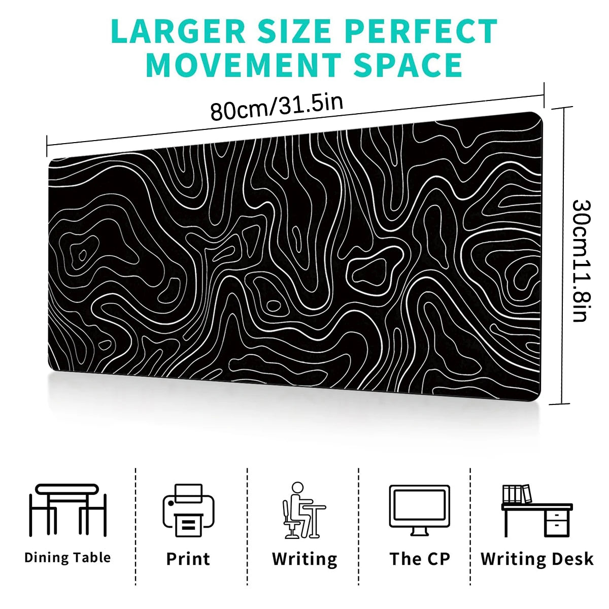 1Pcs Gaming Mouse Pad Large Keyboard Pad 31.5 X 11.8In Topographic Mouse Pad Black and White Mouse Pad for Keyboard with Anti-Sl