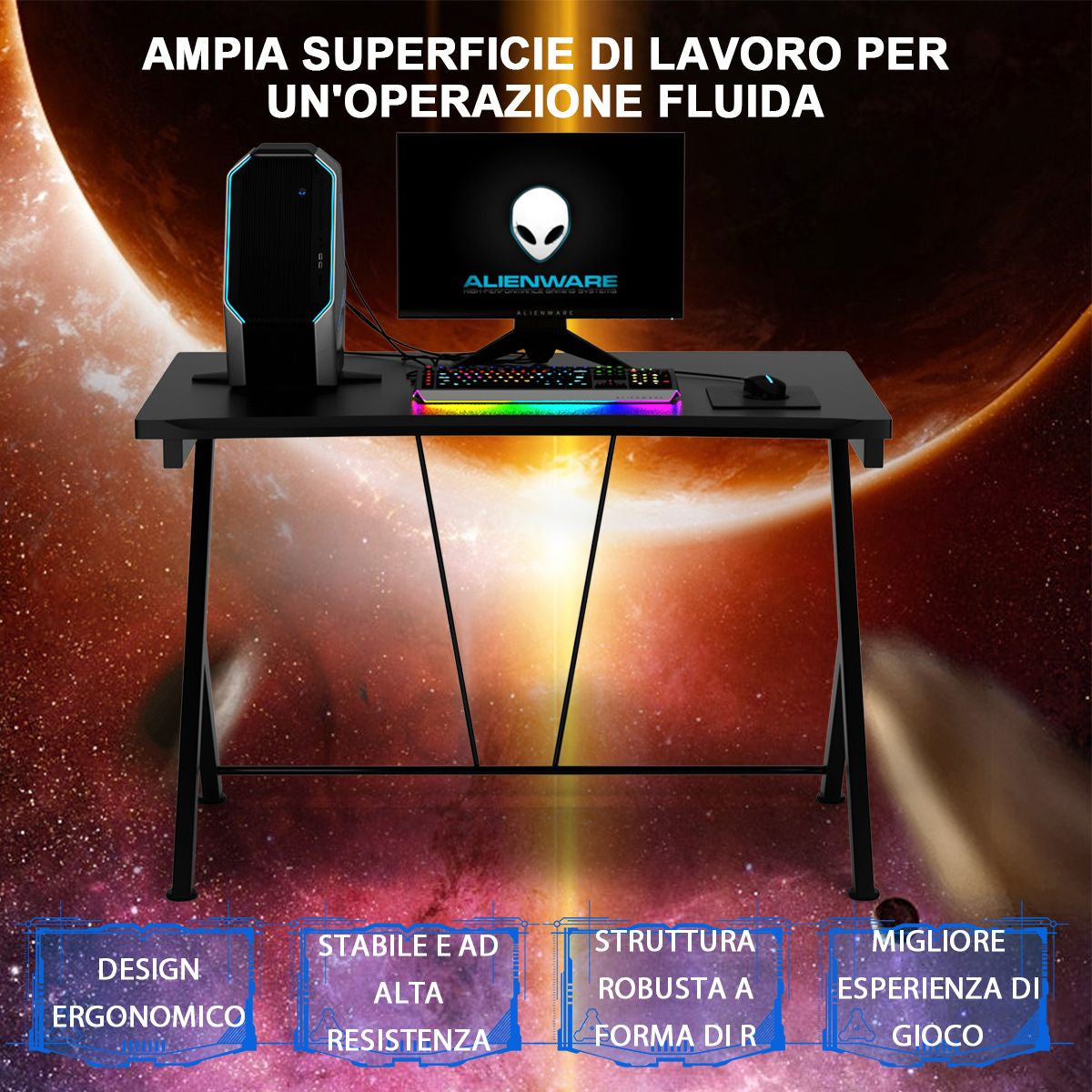 Scrivania Gaming Ergonomica Da 116Cm, Scrivania Multiuso per PC Con Struttura in Metallo Nero