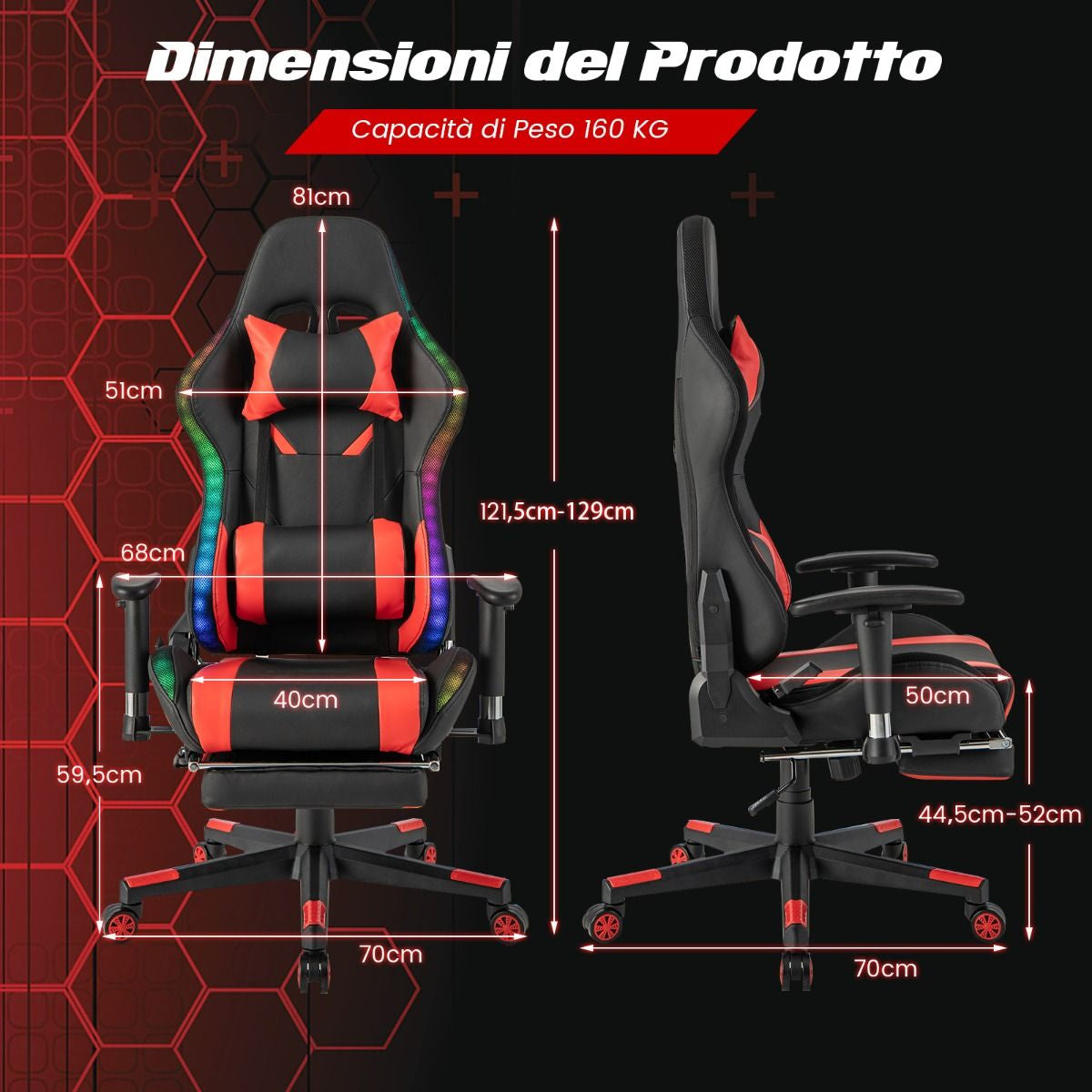 Sedia Da Gioco Con Luci RGB LED Altezza Regolabile Poggiapiedi Estraibile, Sedia Da Ufficio Ergonomica