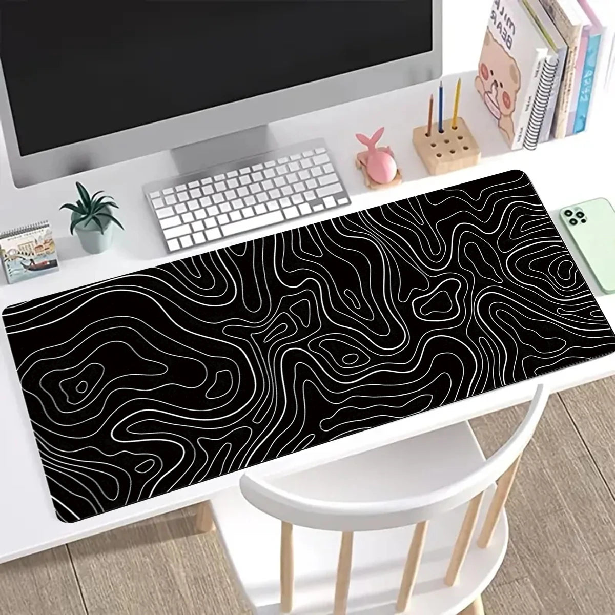 1Pcs Gaming Mouse Pad Large Keyboard Pad 31.5 X 11.8In Topographic Mouse Pad Black and White Mouse Pad for Keyboard with Anti-Sl