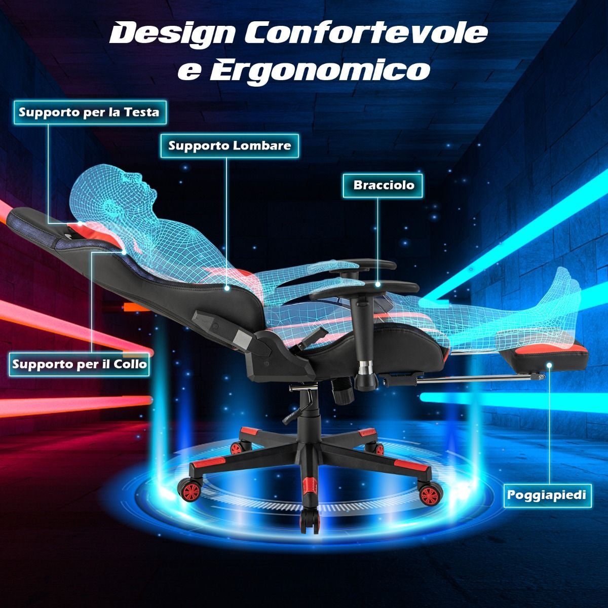 Sedia Da Gioco Con Luci RGB LED Altezza Regolabile Poggiapiedi Estraibile, Sedia Da Ufficio Ergonomica