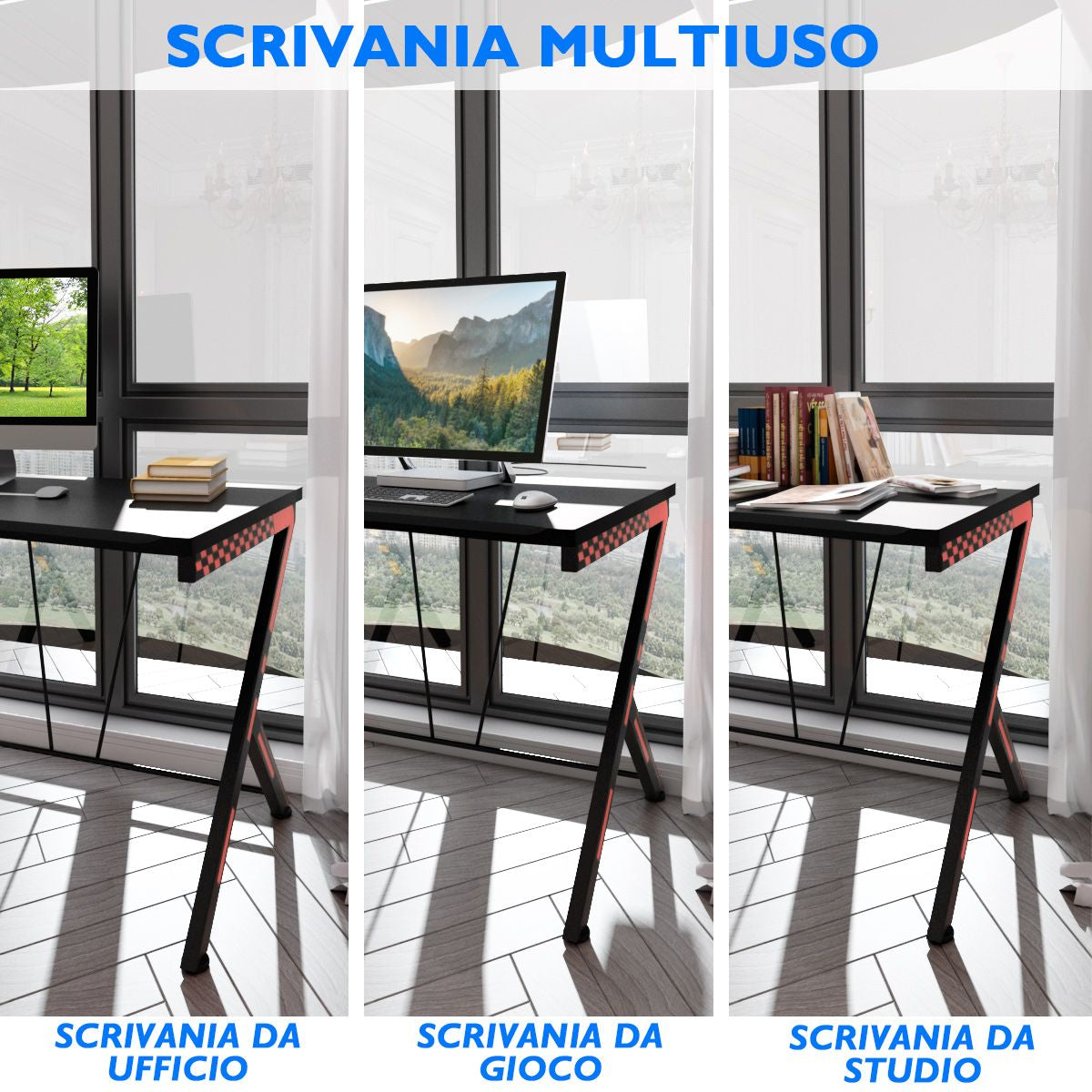 Scrivania Gaming Ergonomica Da 116Cm, Scrivania Multiuso per PC Con Struttura in Metallo Nero
