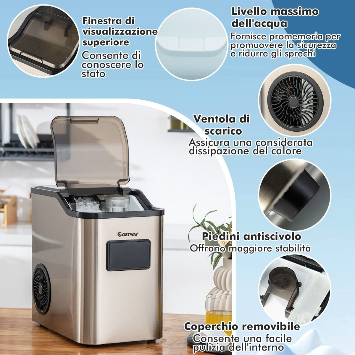 Fabbricatore Di Ghiaccio Con 2 Modi Di Ricarica Dell'Acqua Finitura in Acciaio Inox, Macchina Di Ghiaccio Argento