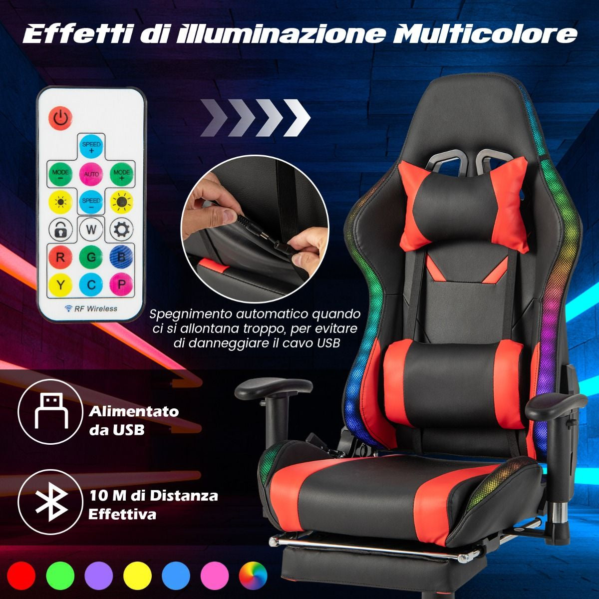 Sedia Da Gioco Con Luci RGB LED Altezza Regolabile Poggiapiedi Estraibile, Sedia Da Ufficio Ergonomica