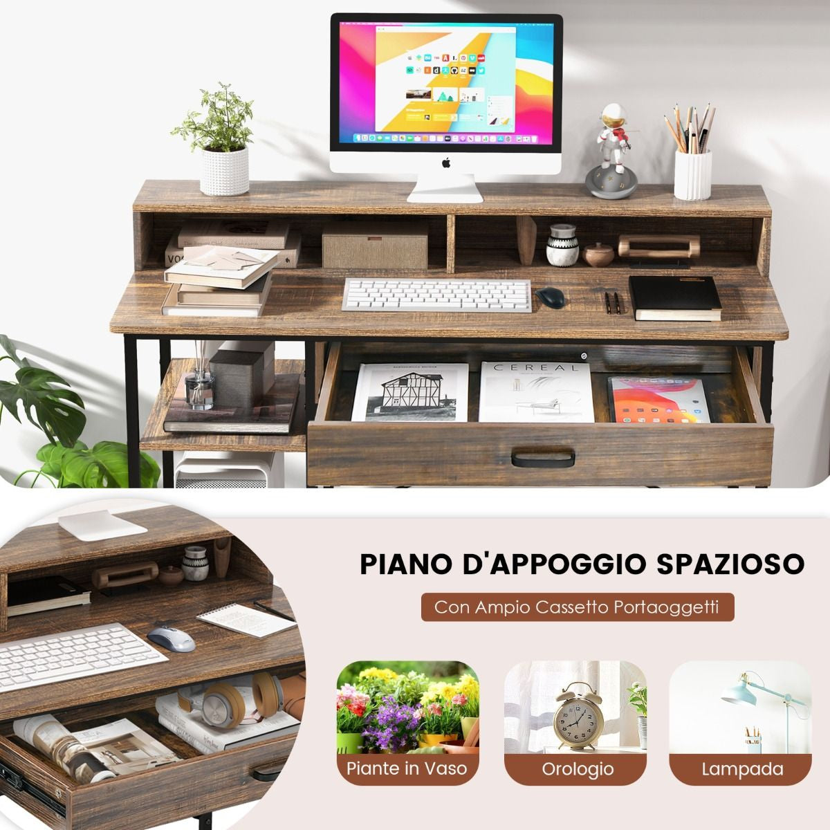 Scrittoio per Computer Con Supporto per Monitor Cassetto 2 Ripiani Aperti, Scrivania Da Ufficio 120Cm Marrone