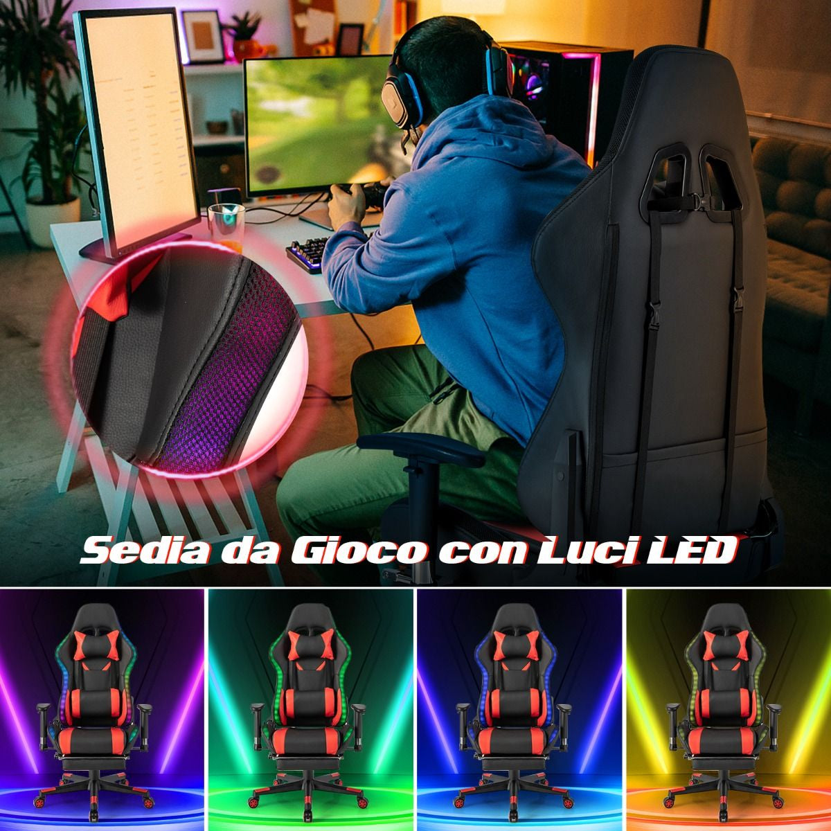 Sedia Da Gioco Con Luci RGB LED Altezza Regolabile Poggiapiedi Estraibile, Sedia Da Ufficio Ergonomica