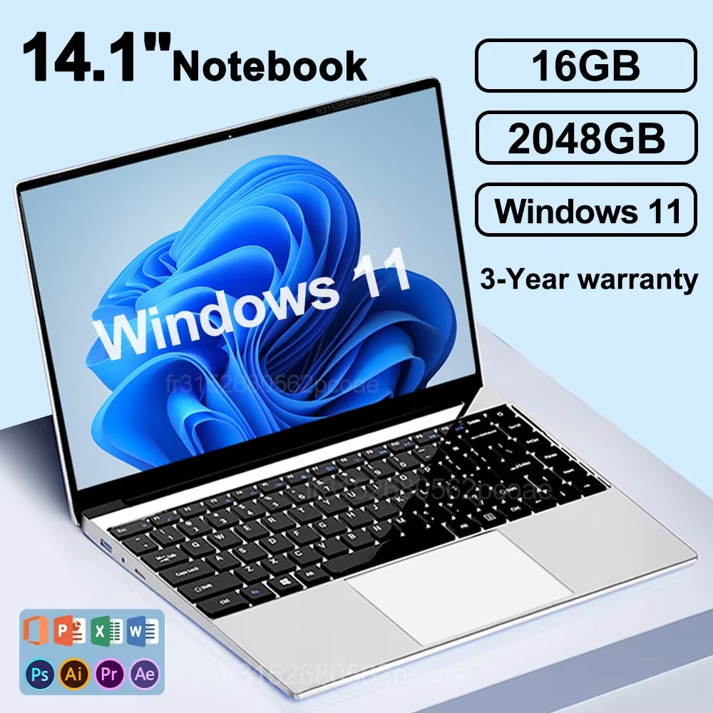 14.1" Ultra Slim Laptop 16GB RAM 2TB SSD  N3700 Notebook Gamer 1920*1080 Display Office Study Computer PC Windows 11 Pro