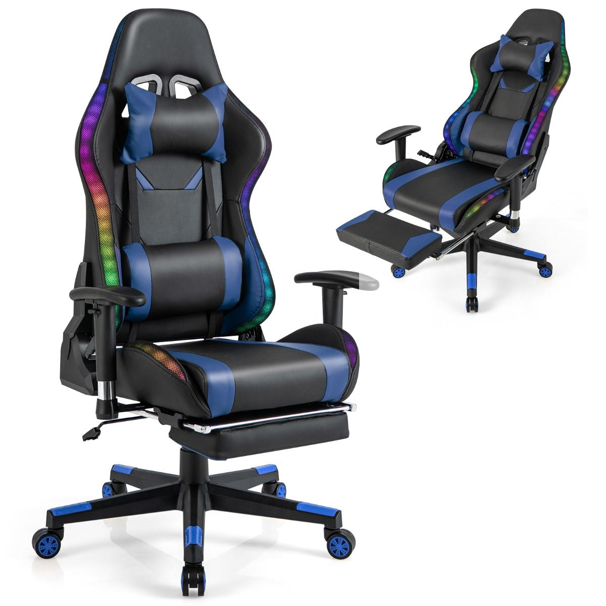 Sedia Da Gioco Con Luci RGB LED Altezza Regolabile Poggiapiedi Estraibile, Sedia Da Ufficio Ergonomica