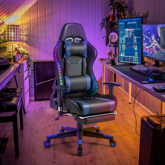 Sedia Da Gioco Con Luci RGB LED Altezza Regolabile Poggiapiedi Estraibile, Sedia Da Ufficio Ergonomica