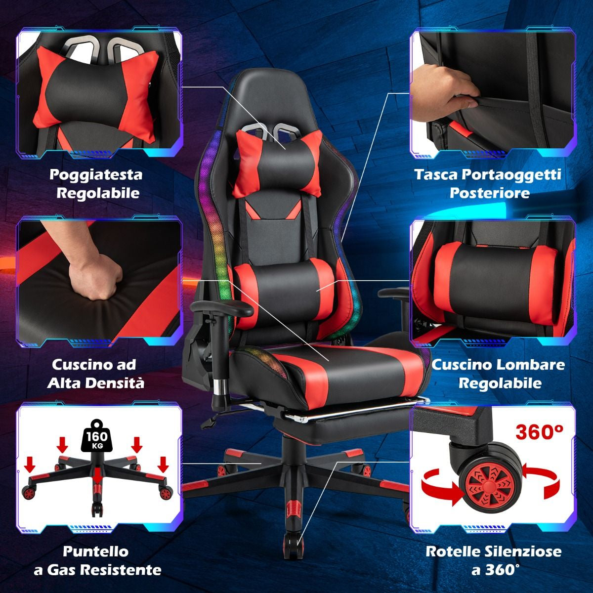 Sedia Da Gioco Con Luci RGB LED Altezza Regolabile Poggiapiedi Estraibile, Sedia Da Ufficio Ergonomica