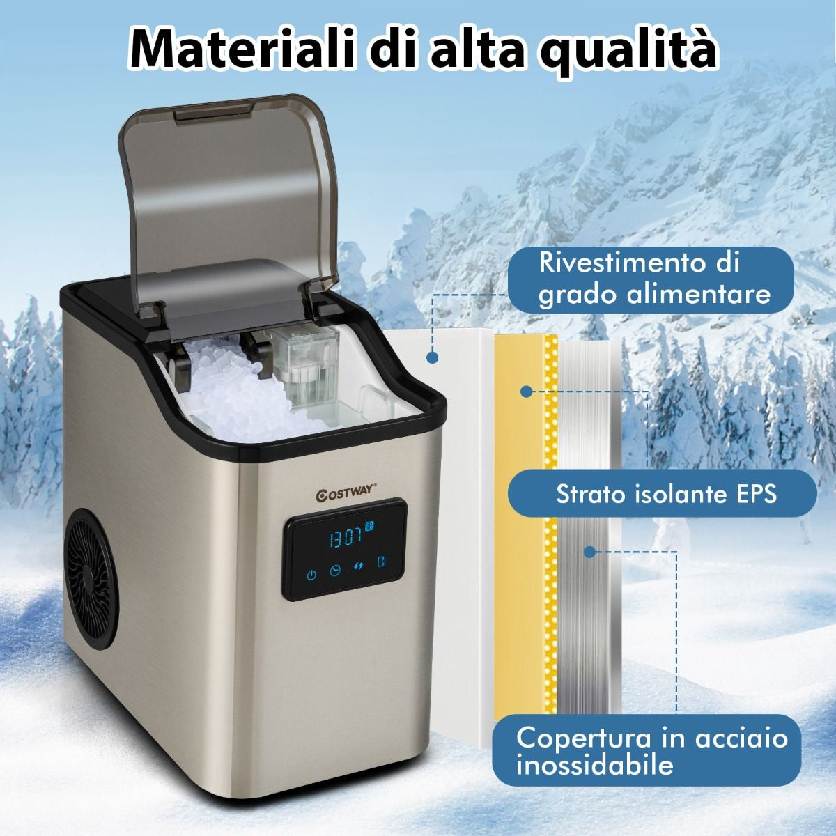 Fabbricatore Di Ghiaccio Con 2 Modi Di Ricarica Dell'Acqua Finitura in Acciaio Inox, Macchina Di Ghiaccio Argento