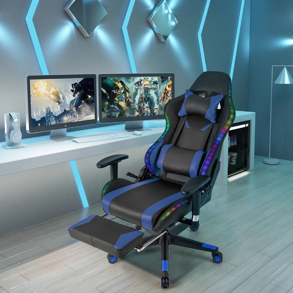 Sedia Da Gioco Con Luci RGB LED Altezza Regolabile Poggiapiedi Estraibile, Sedia Da Ufficio Ergonomica