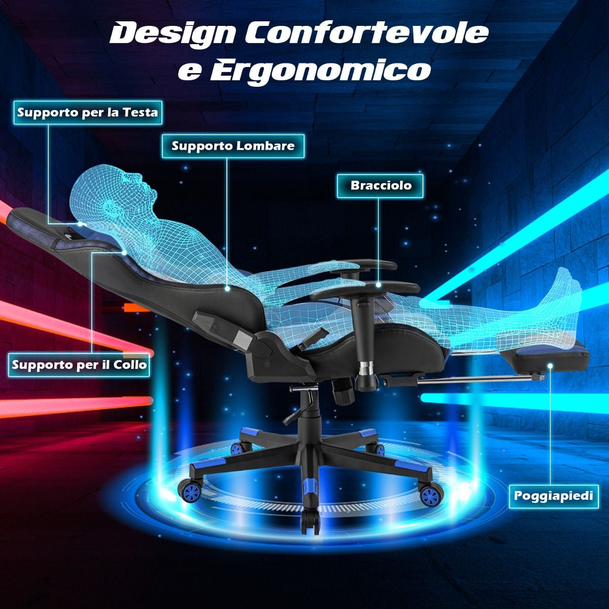 Sedia Da Gioco Con Luci RGB LED Altezza Regolabile Poggiapiedi Estraibile, Sedia Da Ufficio Ergonomica