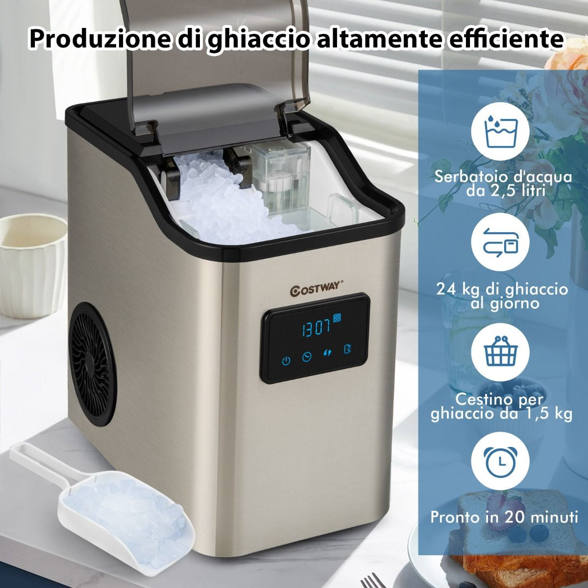 Fabbricatore Di Ghiaccio Con 2 Modi Di Ricarica Dell'Acqua Finitura in Acciaio Inox, Macchina Di Ghiaccio Argento