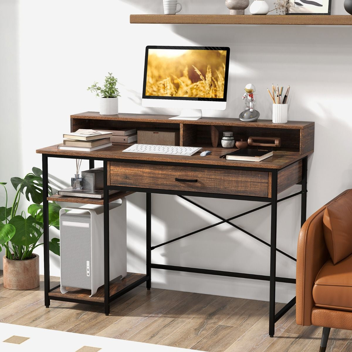 Scrittoio per Computer Con Supporto per Monitor Cassetto 2 Ripiani Aperti, Scrivania Da Ufficio 120Cm Marrone
