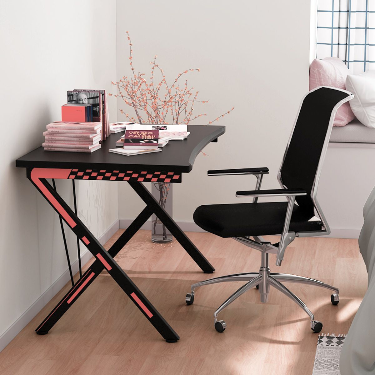 Scrivania Gaming Ergonomica Da 116Cm, Scrivania Multiuso per PC Con Struttura in Metallo Nero