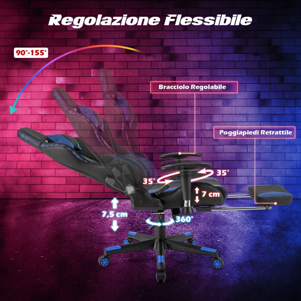 Sedia Da Gioco Con Luci RGB LED Altezza Regolabile Poggiapiedi Estraibile, Sedia Da Ufficio Ergonomica