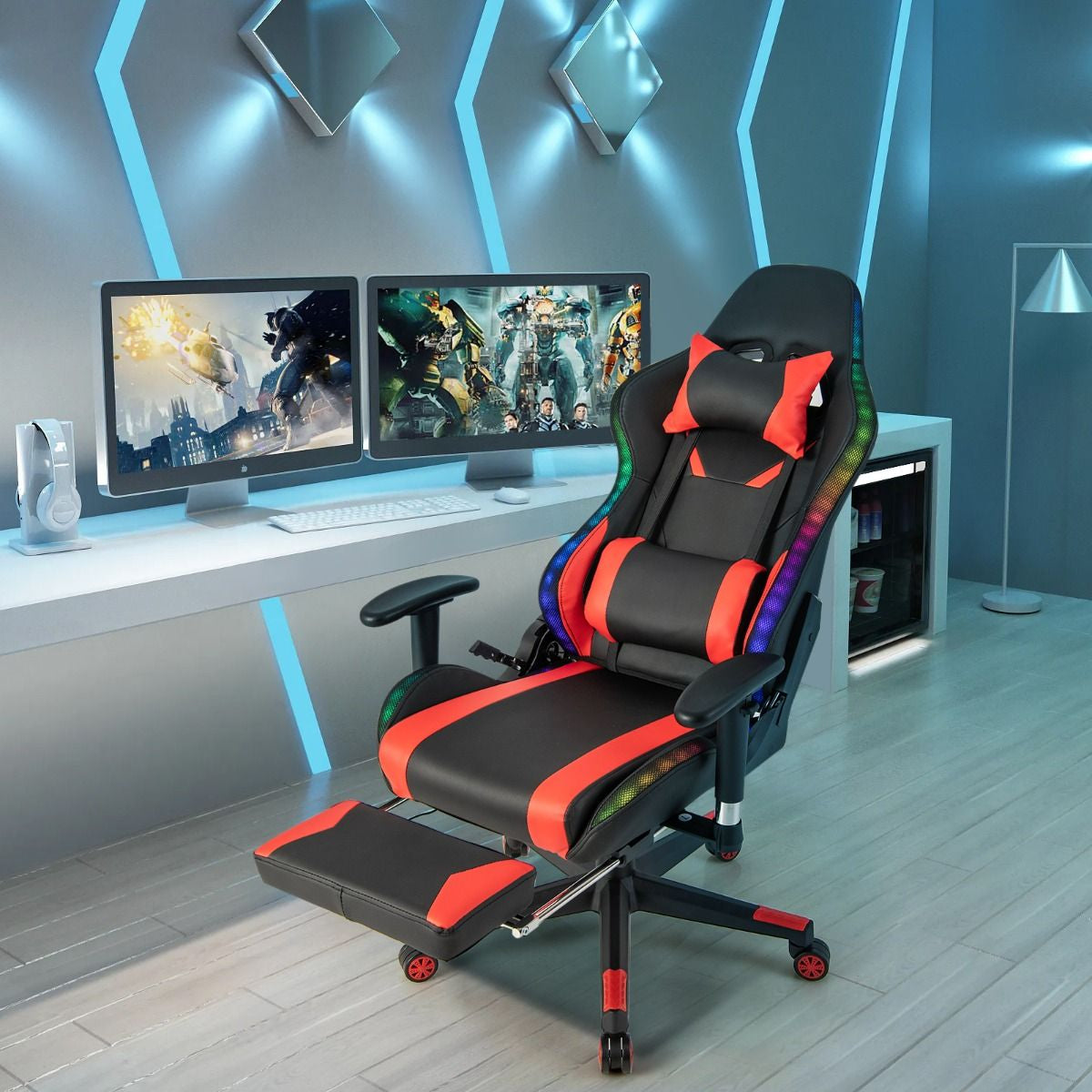 Sedia Da Gioco Con Luci RGB LED Altezza Regolabile Poggiapiedi Estraibile, Sedia Da Ufficio Ergonomica