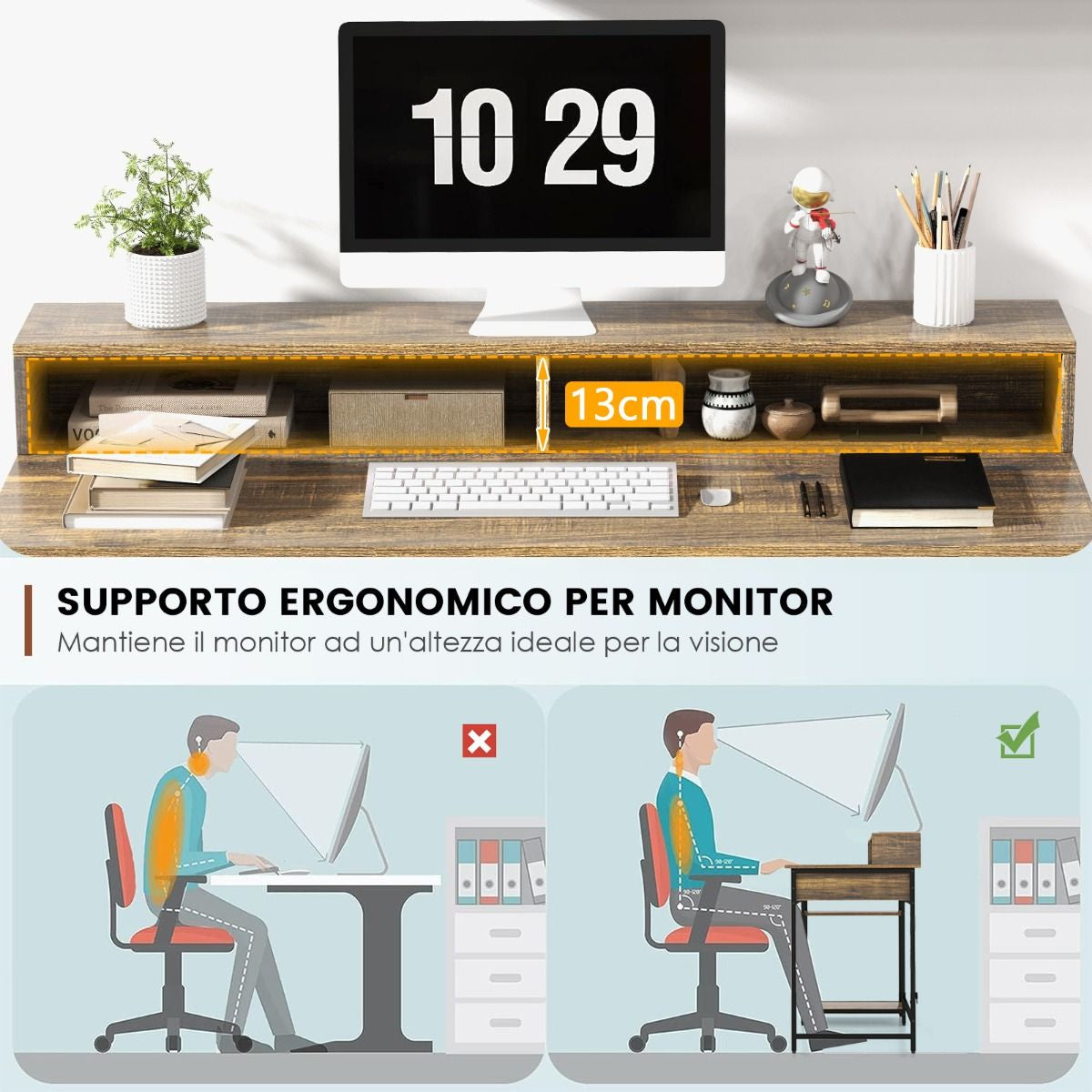 Scrittoio per Computer Con Supporto per Monitor Cassetto 2 Ripiani Aperti, Scrivania Da Ufficio 120Cm Marrone