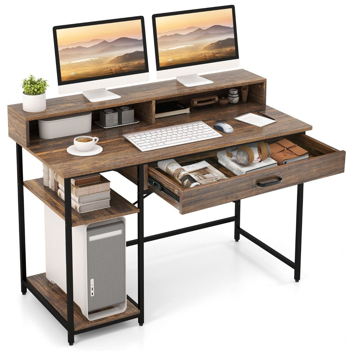 Scrittoio per Computer Con Supporto per Monitor Cassetto 2 Ripiani Aperti, Scrivania Da Ufficio 120Cm Marrone