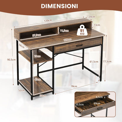 Scrittoio per Computer Con Supporto per Monitor Cassetto 2 Ripiani Aperti, Scrivania Da Ufficio 120Cm Marrone
