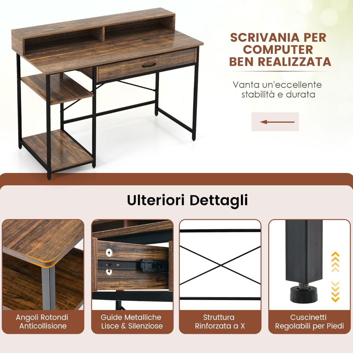 Scrittoio per Computer Con Supporto per Monitor Cassetto 2 Ripiani Aperti, Scrivania Da Ufficio 120Cm Marrone