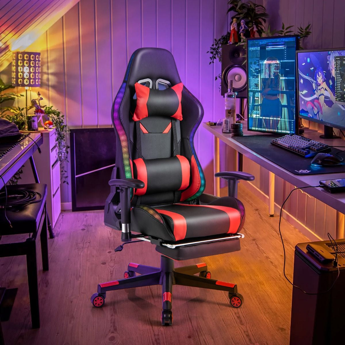Sedia Da Gioco Con Luci RGB LED Altezza Regolabile Poggiapiedi Estraibile, Sedia Da Ufficio Ergonomica