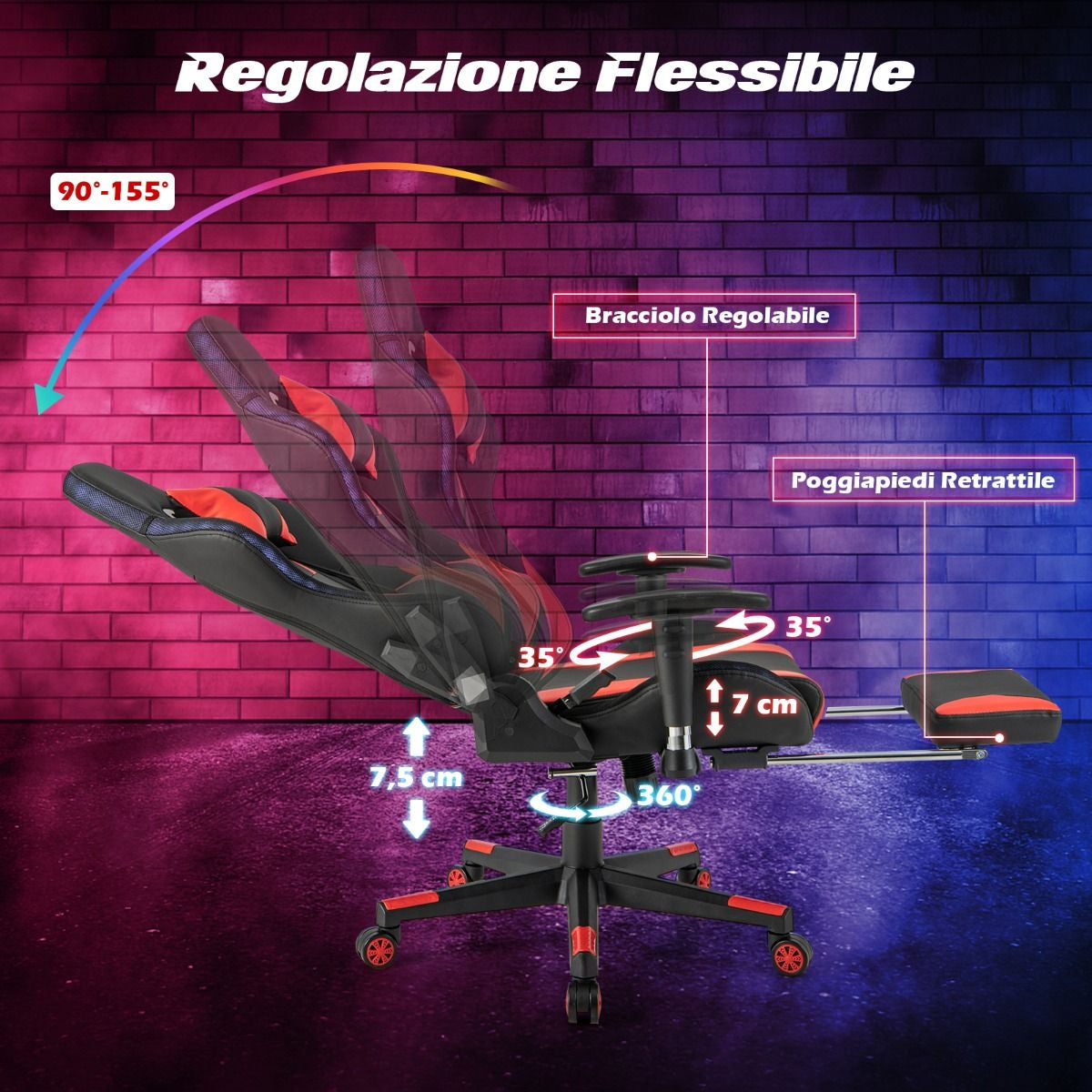 Sedia Da Gioco Con Luci RGB LED Altezza Regolabile Poggiapiedi Estraibile, Sedia Da Ufficio Ergonomica